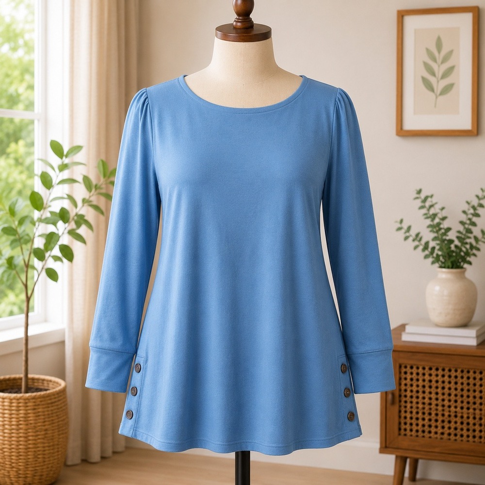 Denim & Co Essentials Tunic Top Womens Large Blue Side Button Long Sleeve Knit